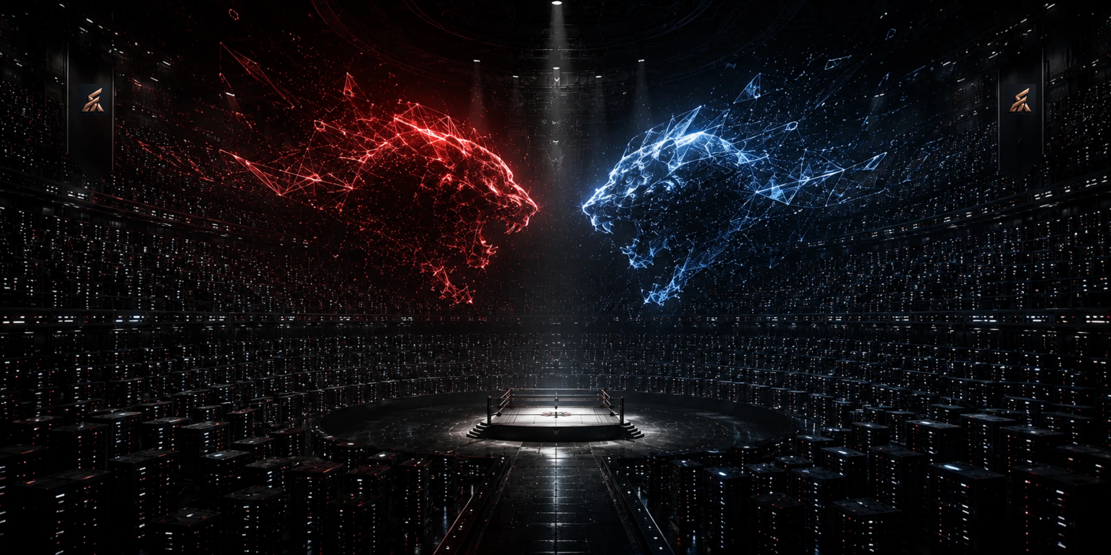 An arena of server racks around a lit ring, one red and one blue wireframe beast facing off above it